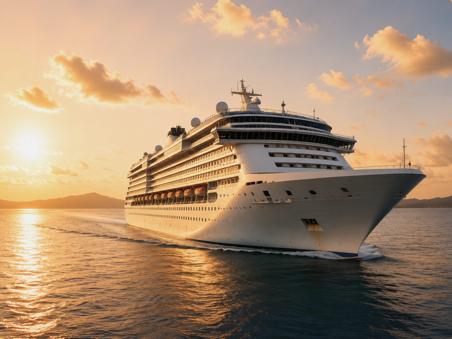 Cruise ship at sea at sunset