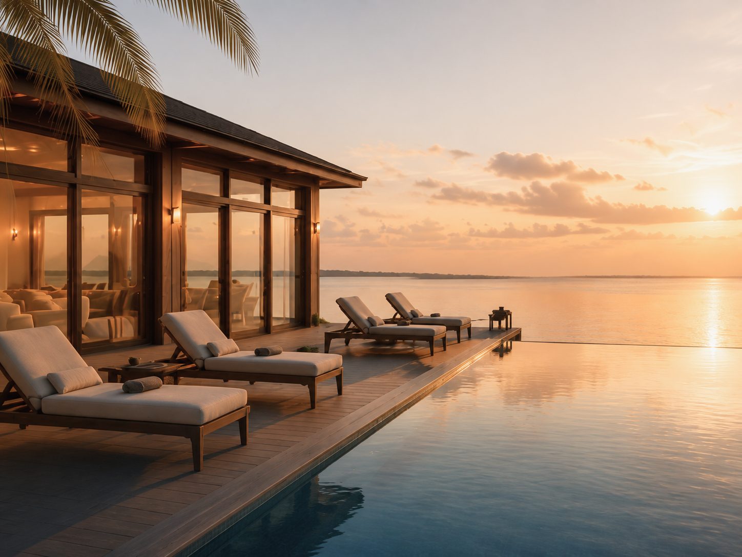 Resort villa deck and infinity pool at sunset