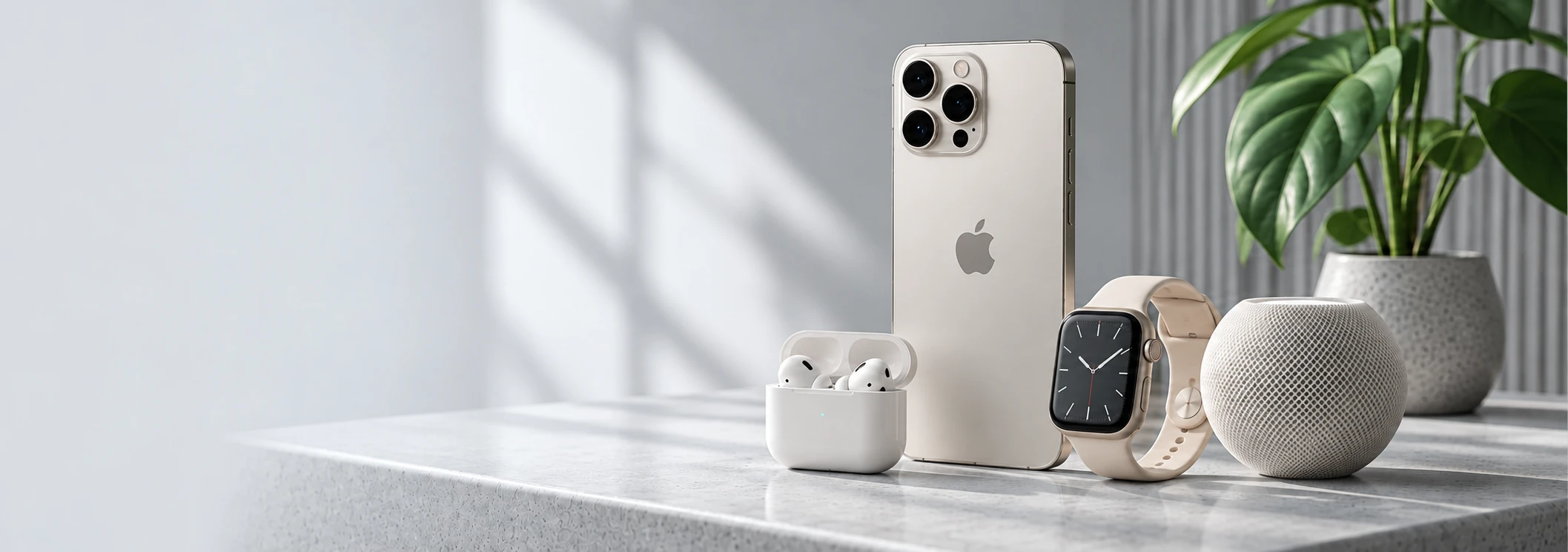 Apple iPhone, AirPods Pro, Apple Watch and HomePod mini on a cool grey ledge