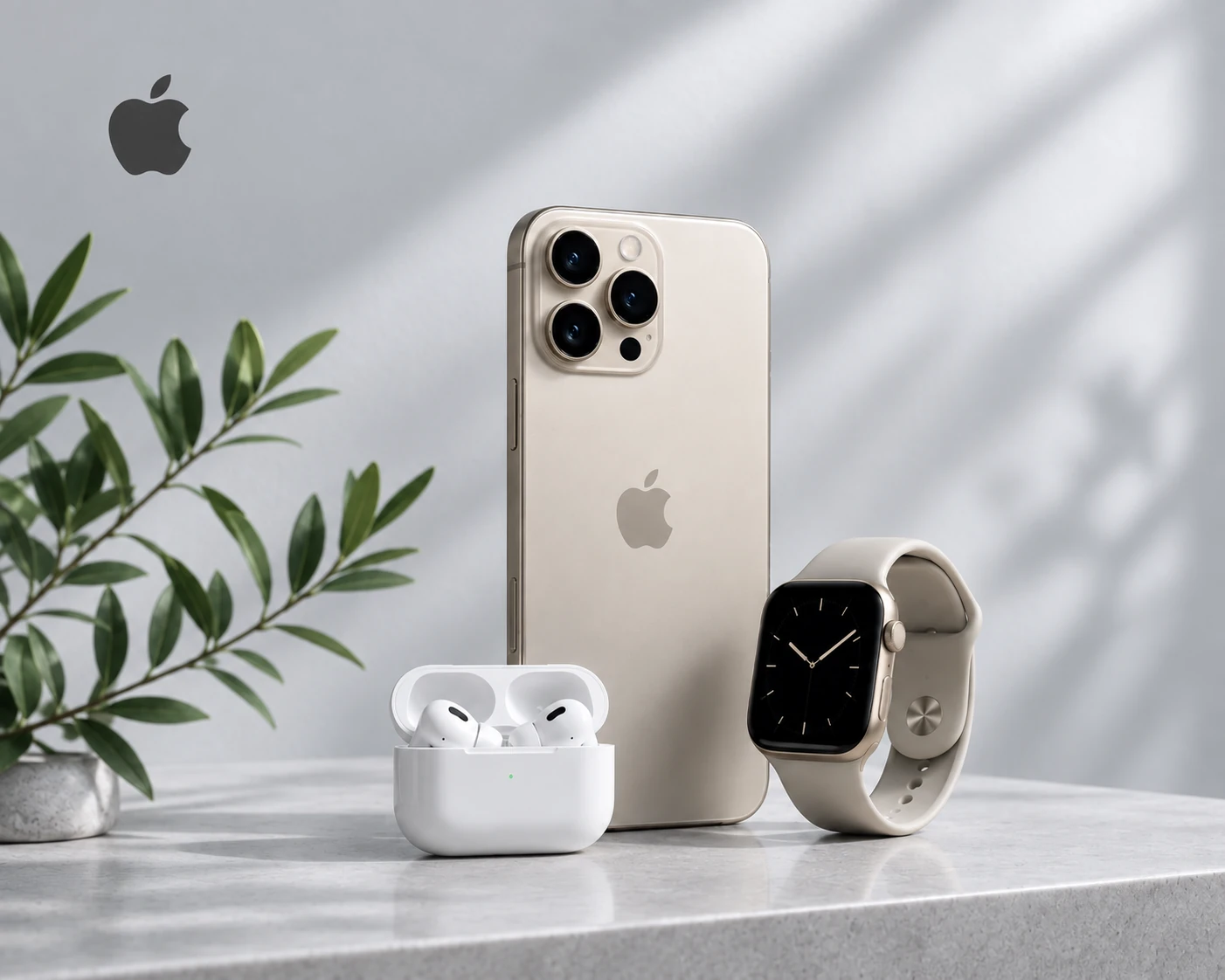 iPhone, AirPods Pro and Apple Watch on a stone ledge