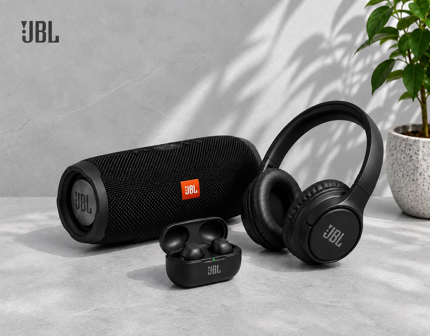 JBL portable speaker, wireless earbuds and over-ear headphones