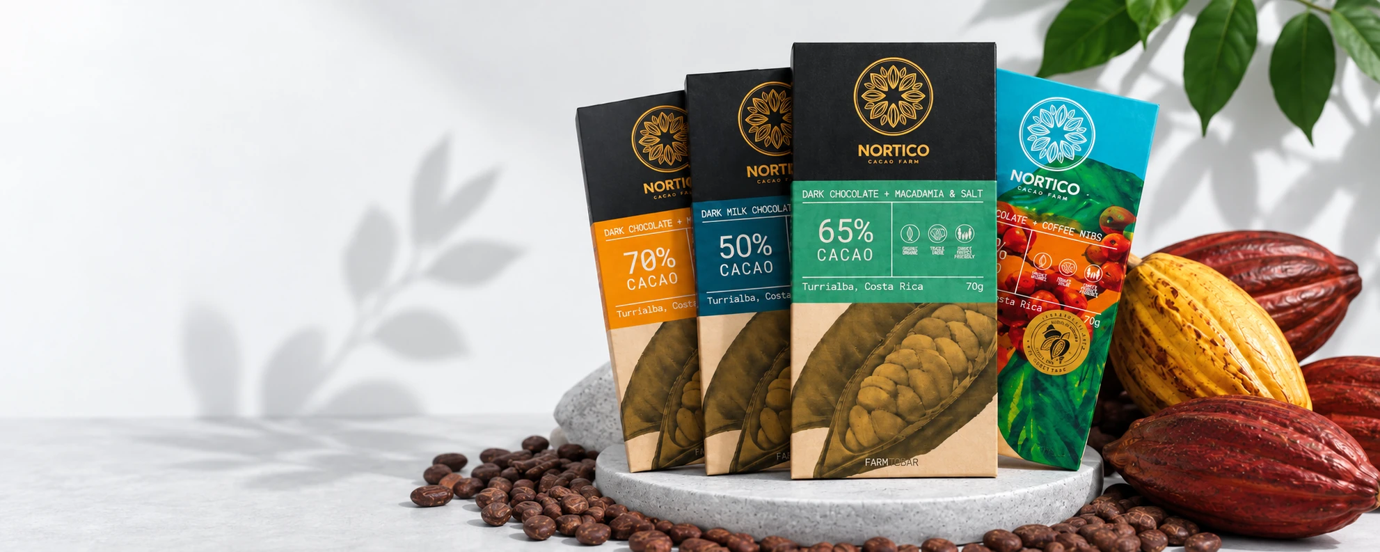 Nortico cacao bars with pods and beans