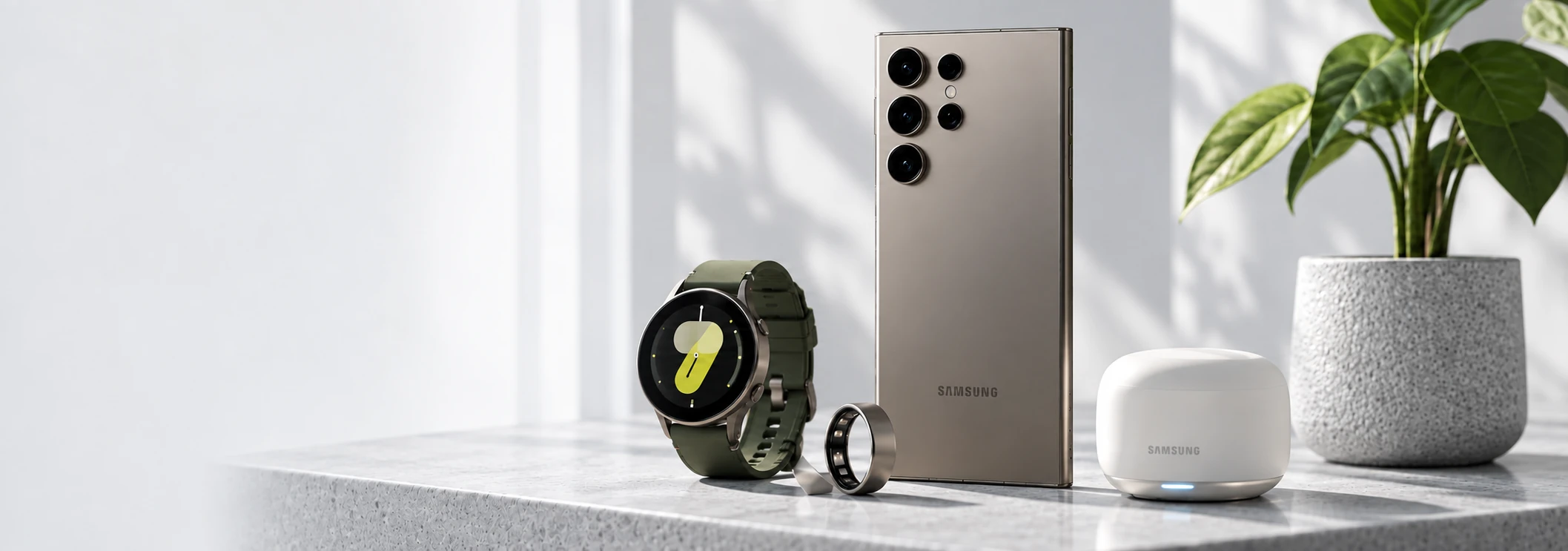 Samsung Galaxy phone, Watch, Ring and Buds on a cool grey ledge
