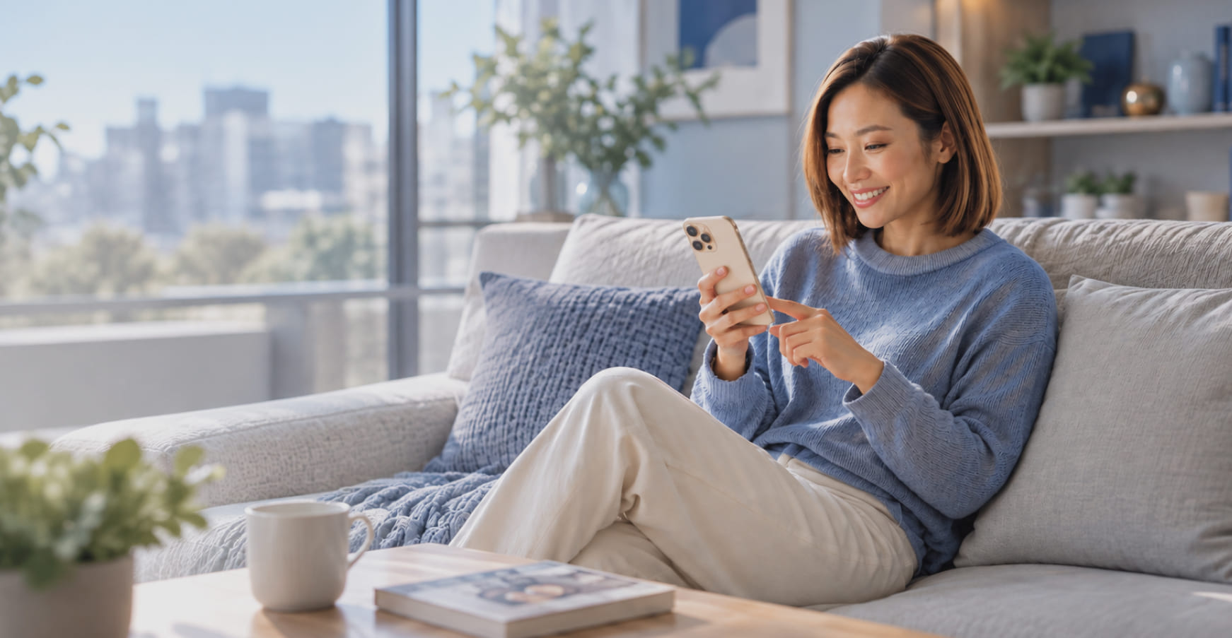 Woman smiling at her phone on a sofa in a bright living room